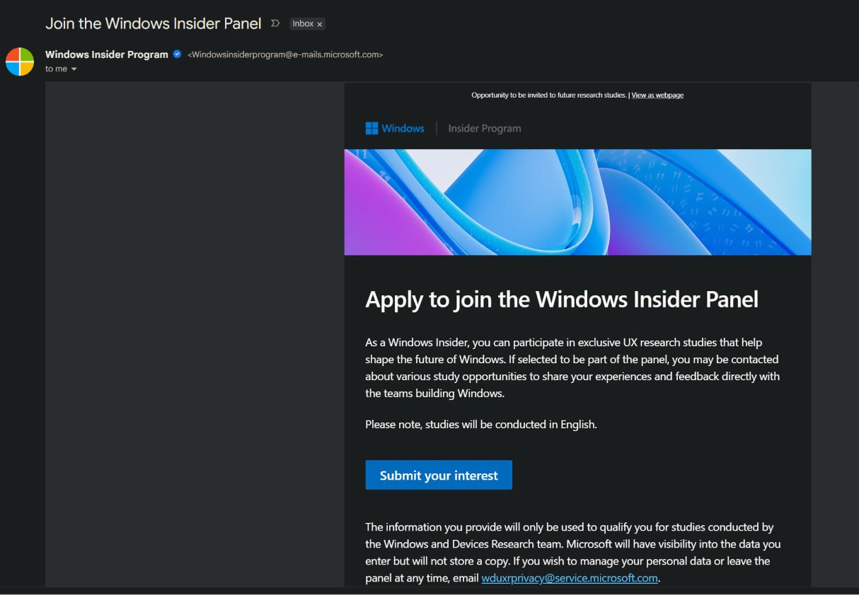 Lời mời đăng ký tham gia Windows Insider Panel