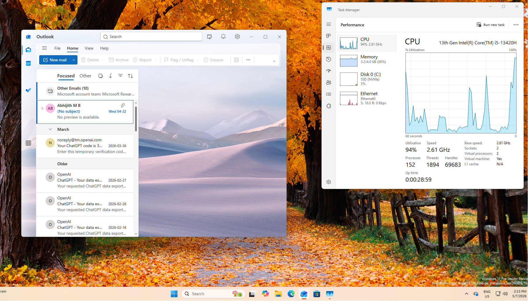 Mức sử dụng CPU đạt 94 phần trăm khi mở Outlook