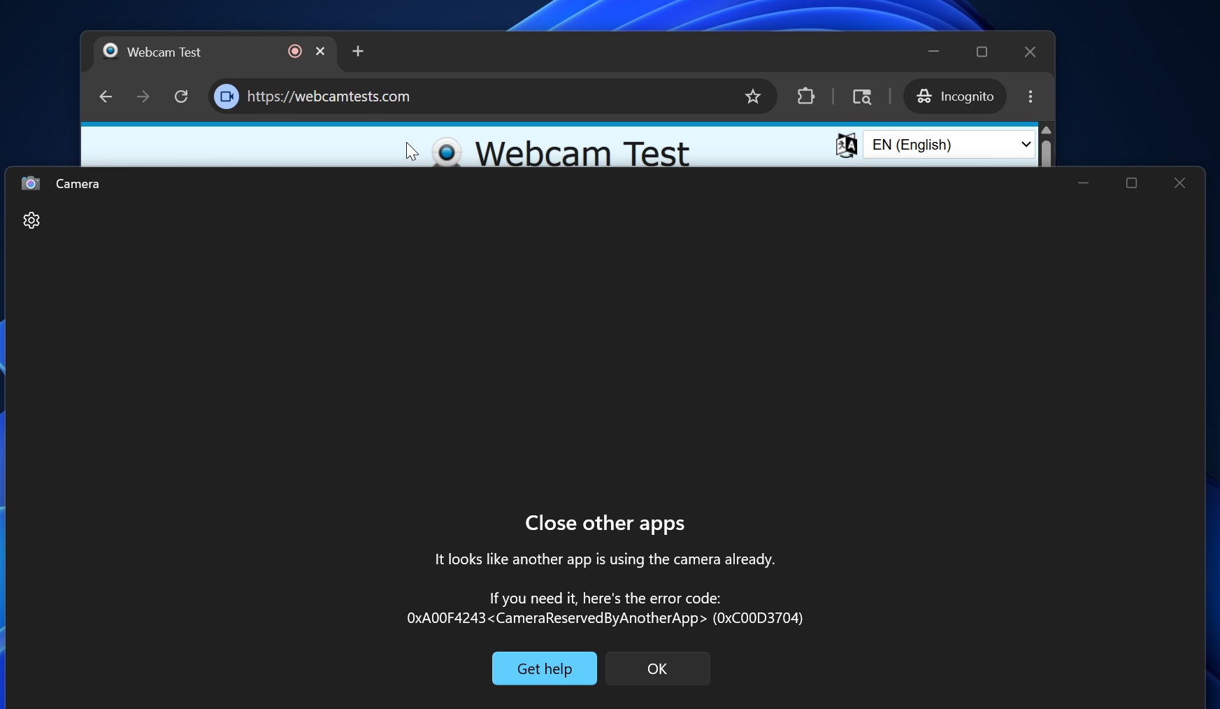 Đóng các ứng dụng khác để sử dụng Camera trong Windows 11
