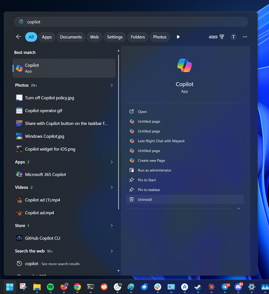 Nút gỡ cài đặt Copilot trong Windows 11