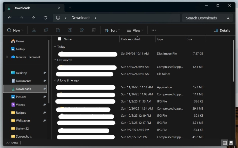 Kích thước xem chi tiết của File Explorer