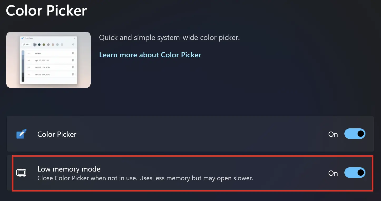 Chế độ bộ nhớ thấp được kích hoạt trong công cụ Color Picker trong PowerToys