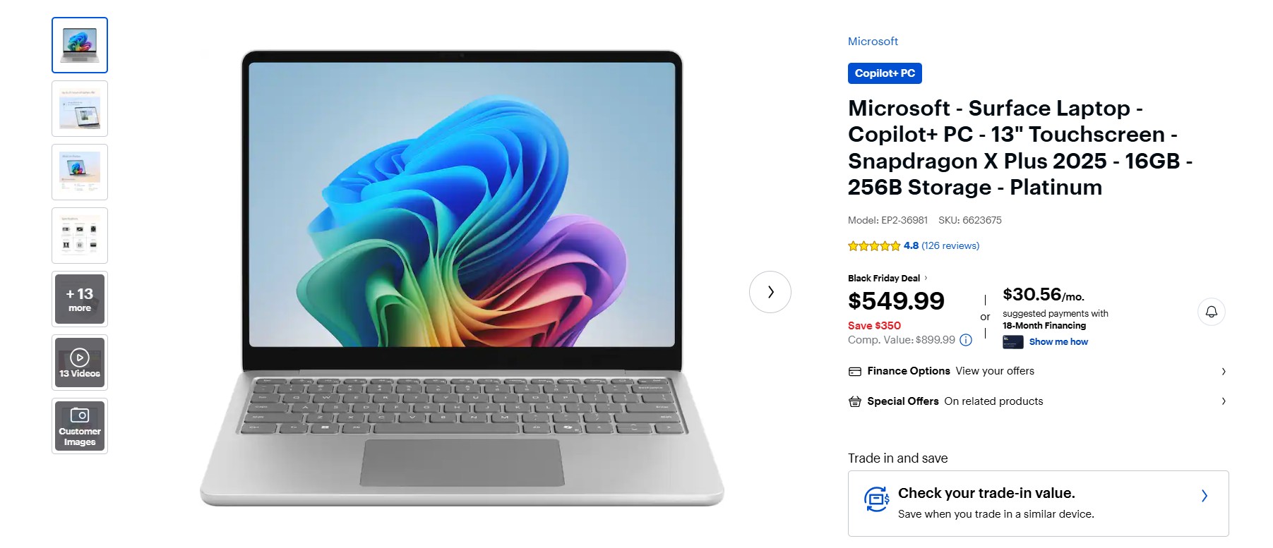 Máy tính xách tay Microsoft Surface Màn hình cảm ứng 13 inch với Snapdragon X Plus 2025 có giá 549 USD trong Ưu đãi Thứ Sáu Đen ở Best Buy