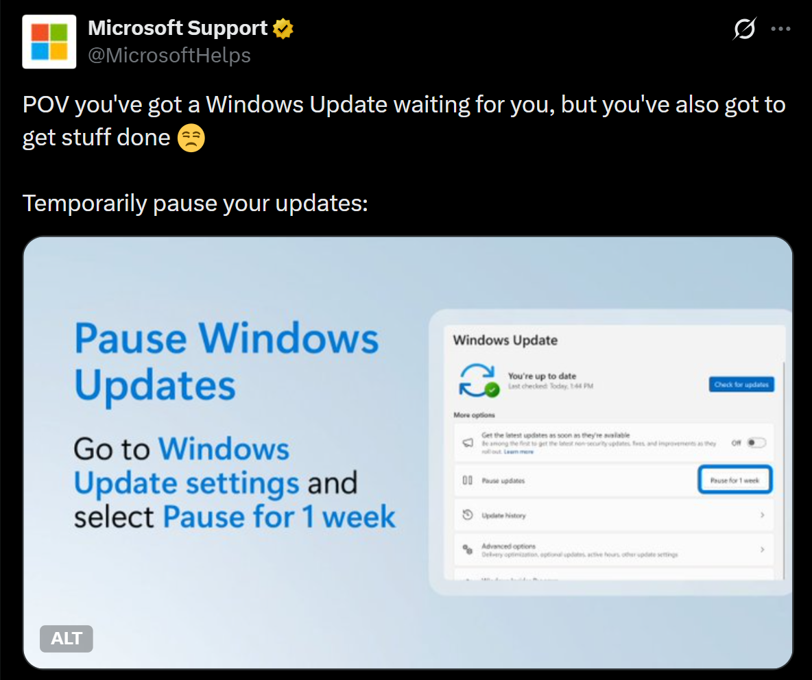 Microsoft nhắc nhở người dùng có thể tạm dừng cập nhật khi đang làm việc