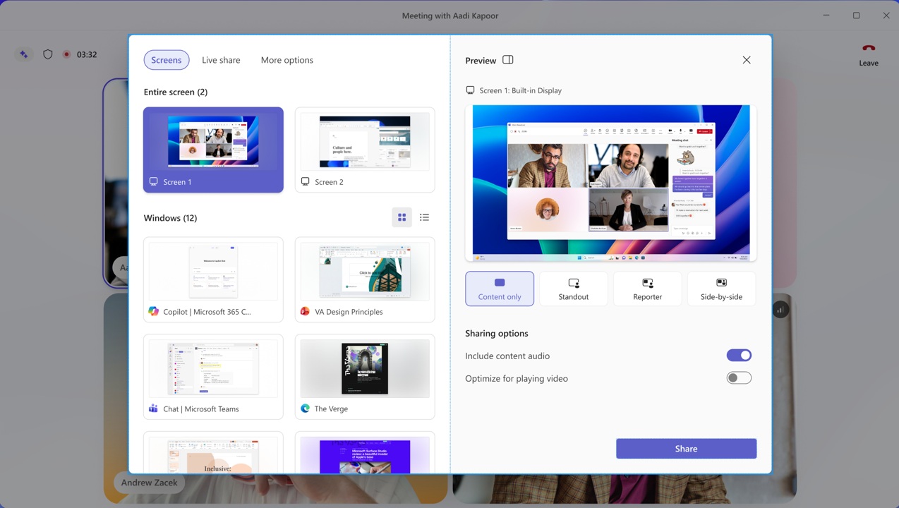 Giao diện người dùng chia sẻ mới trong Microsoft Teams