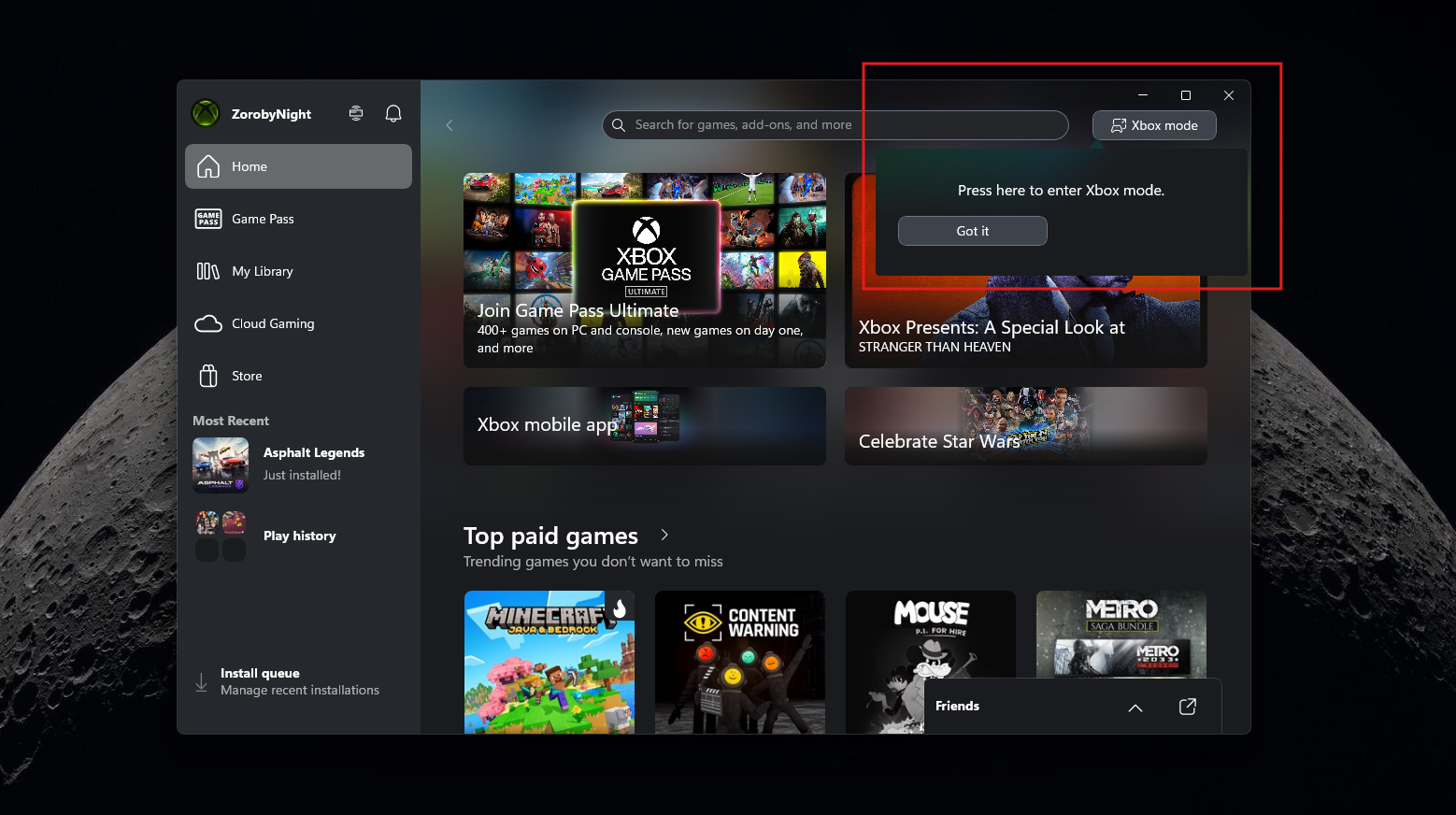 Pop-up that asks you to enter Xbox Mode in the Xbox app