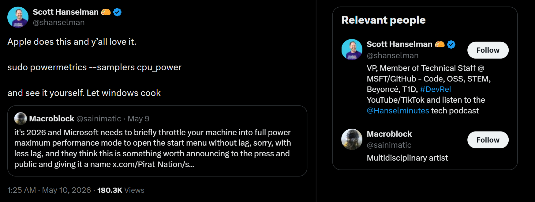 Scott Hanselman bảo vệ Microsoft khi cho rằng Apple cũng làm những việc tương tự với Low Latency Profile khi người dùng vô tình chỉ trích Microsoft