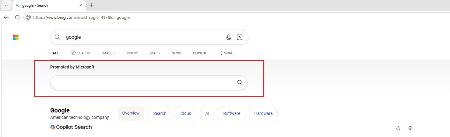 Thanh tìm kiếm thứ hai do Microsoft cung cấp sau khi tìm kiếm Google