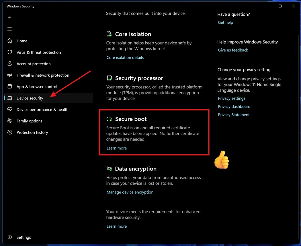 Trạng thái chứng chỉ Khởi động an toàn trong Windows 11