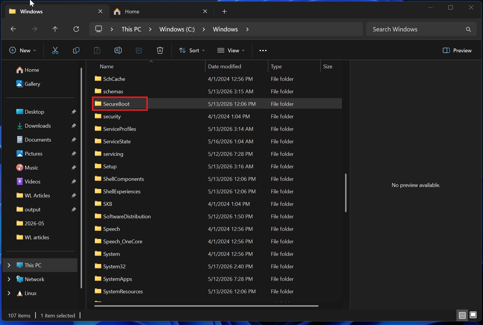 Thư mục SecureBoot trong ổ Windows 11 C