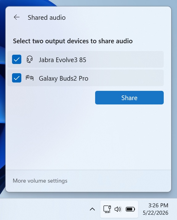 Chọn thiết bị trong Âm thanh được chia sẻ trong Windows 11