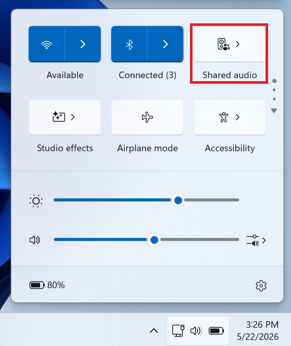 Âm thanh được chia sẻ trong Cài đặt nhanh Windows 11