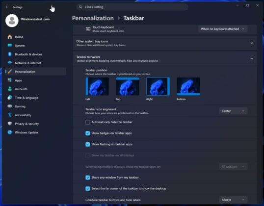 Vị trí thanh tác vụ trong Windows 11