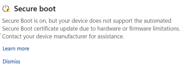 Phần Secure Boot hiển thị trạng thái “Chưa cập nhật” kèm biểu tượng cảnh báo màu vàng.