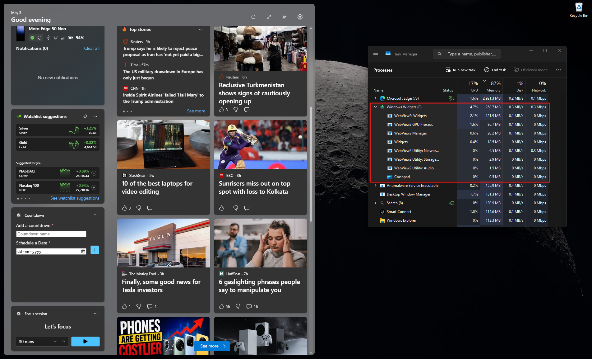 Sử dụng bộ nhớ widget
