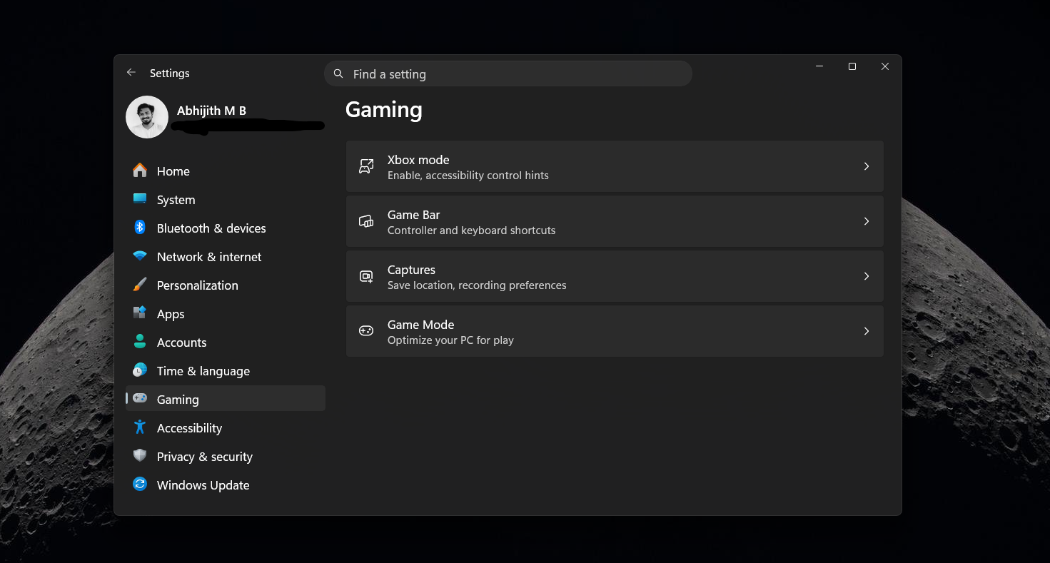 Trang cài đặt trò chơi Windows 11 sau khi nhận Chế độ Xbox