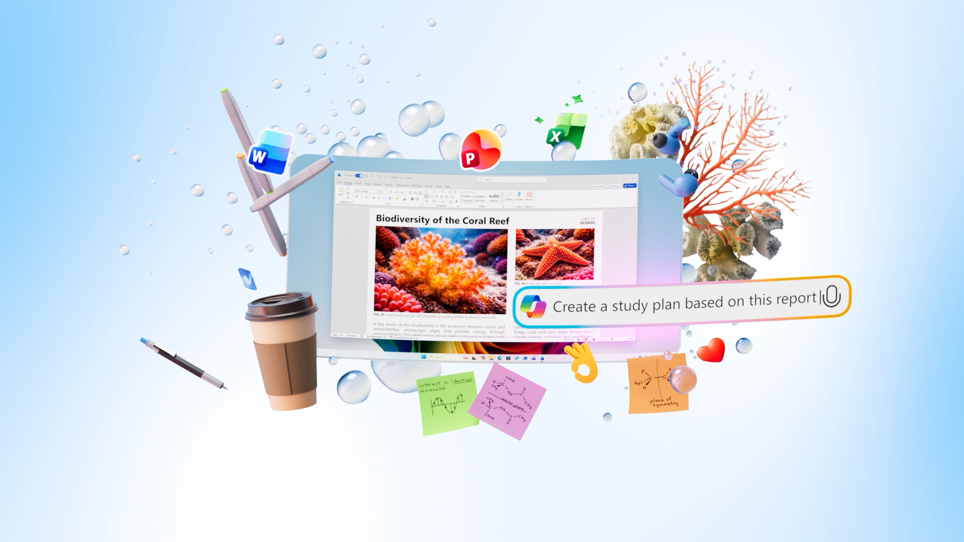 Màn hình PC Windows được bao quanh bởi một tách cà phê, các ghi chú Post-it và các biểu tượng từ nhiều chương trình Office khác nhau.