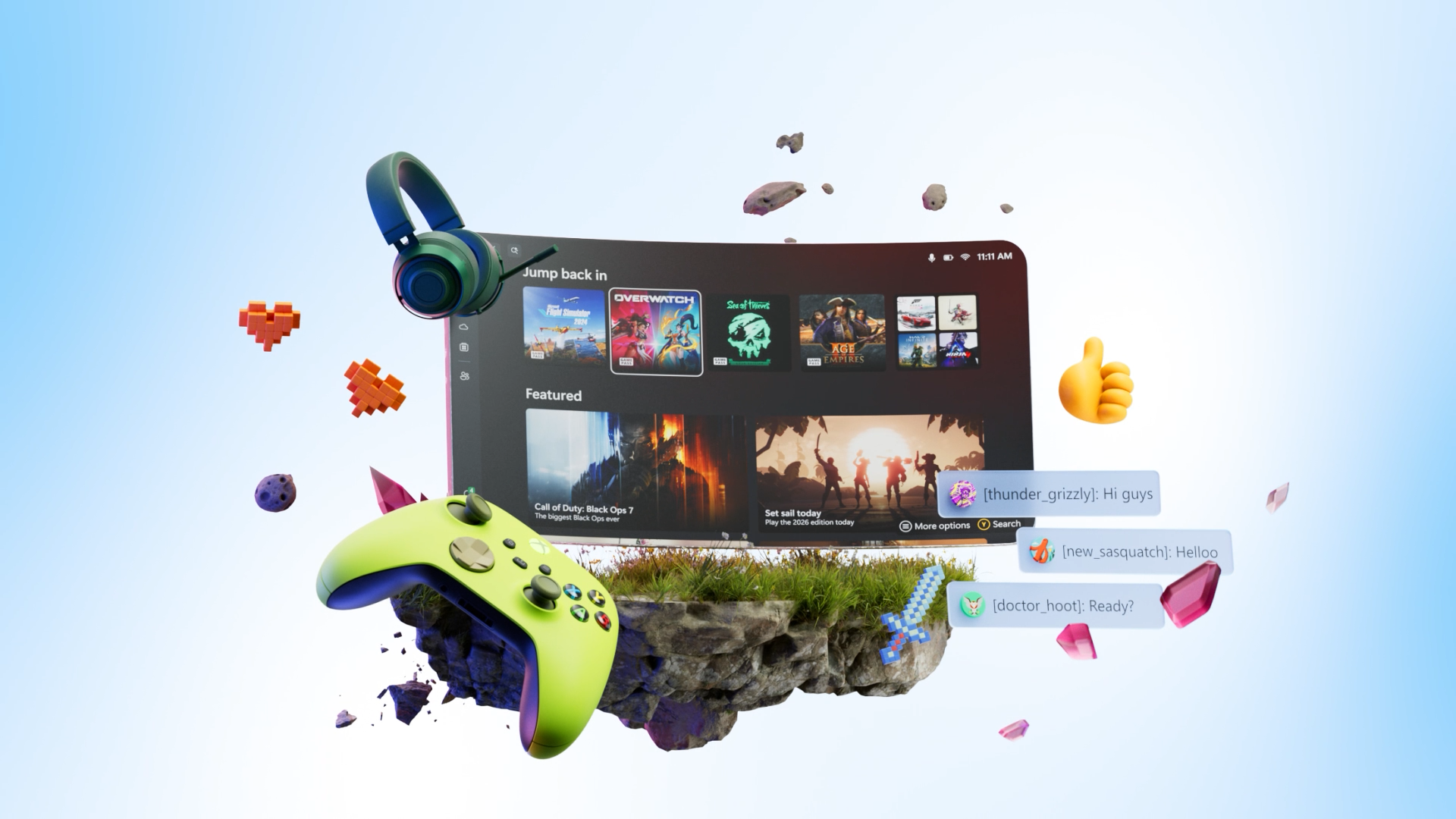 Màn hình máy tính chơi game được bao quanh bởi các biểu tượng cảm xúc và phụ kiện chơi game.
