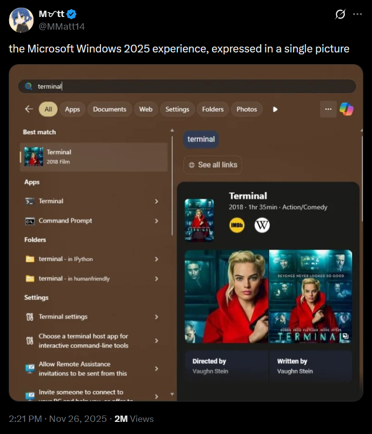 Windows Search hiển thị phim thay vì Terminal