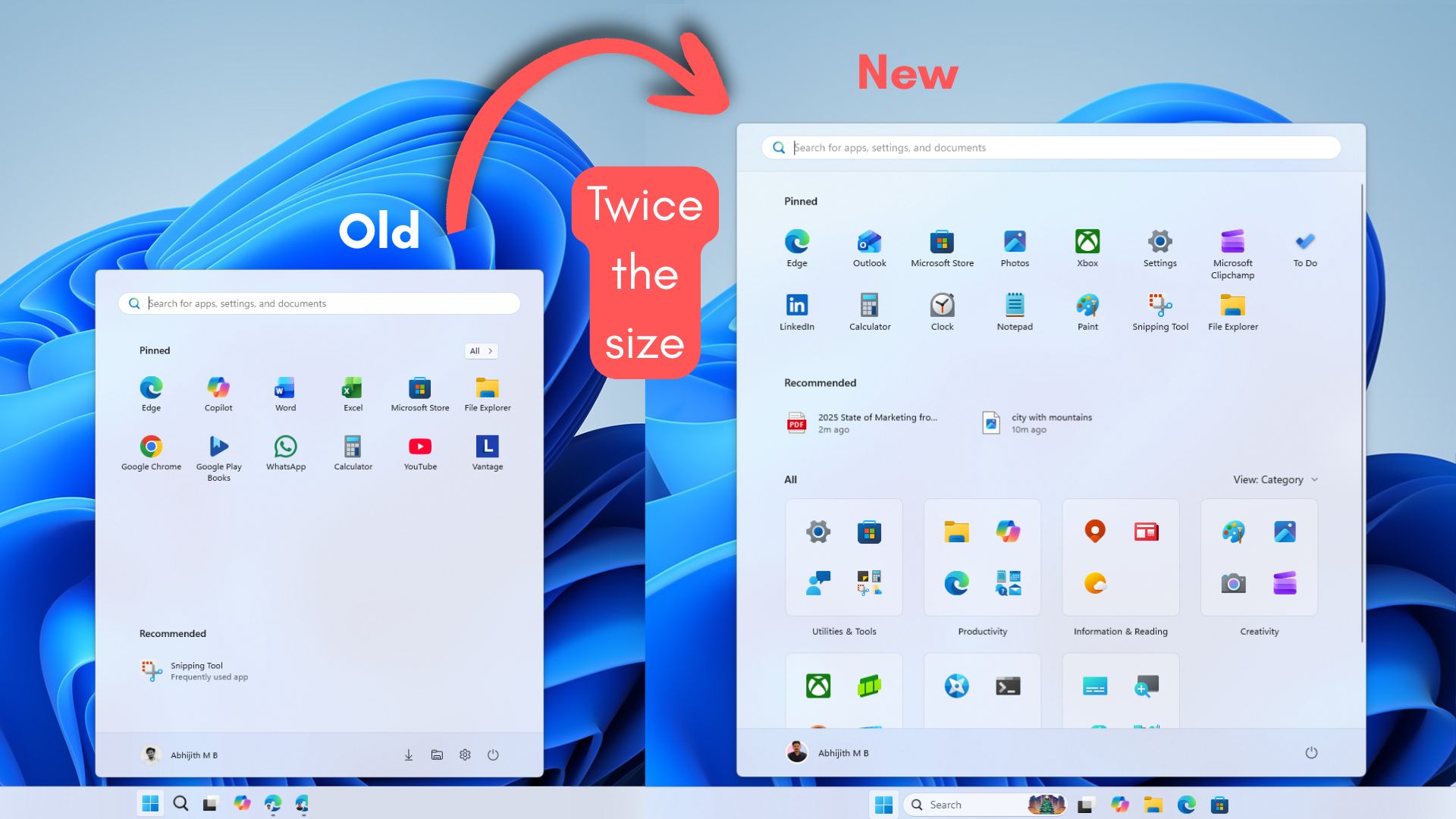 Menu Start của Windows 11 mới có kích thước gần gấp đôi menu Start của Windows 11 cũ