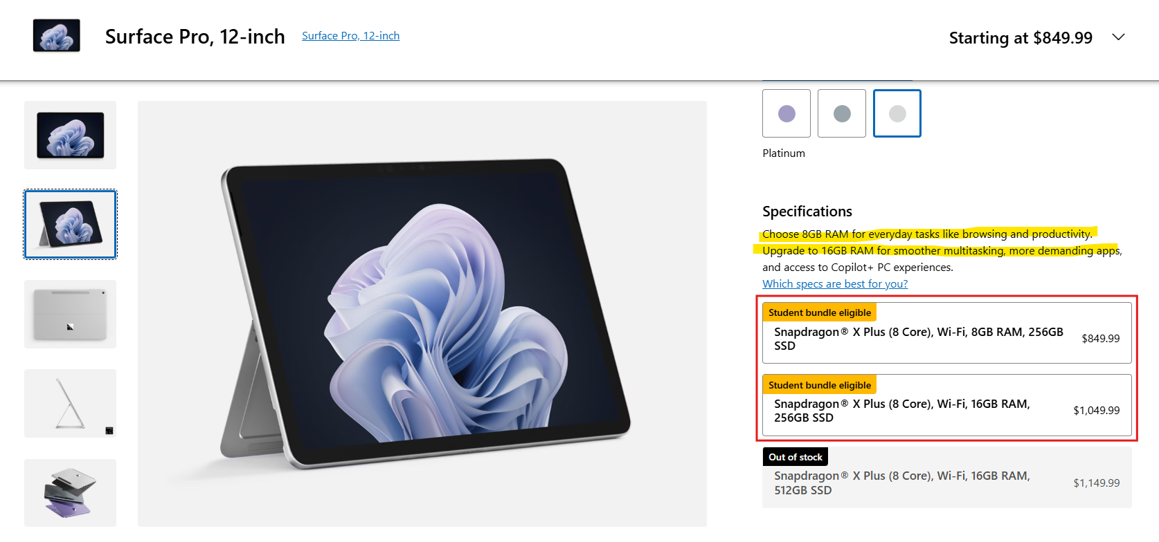 200 USD chỉ để có thêm RAM 8GB trên Surface Pro 12 inch