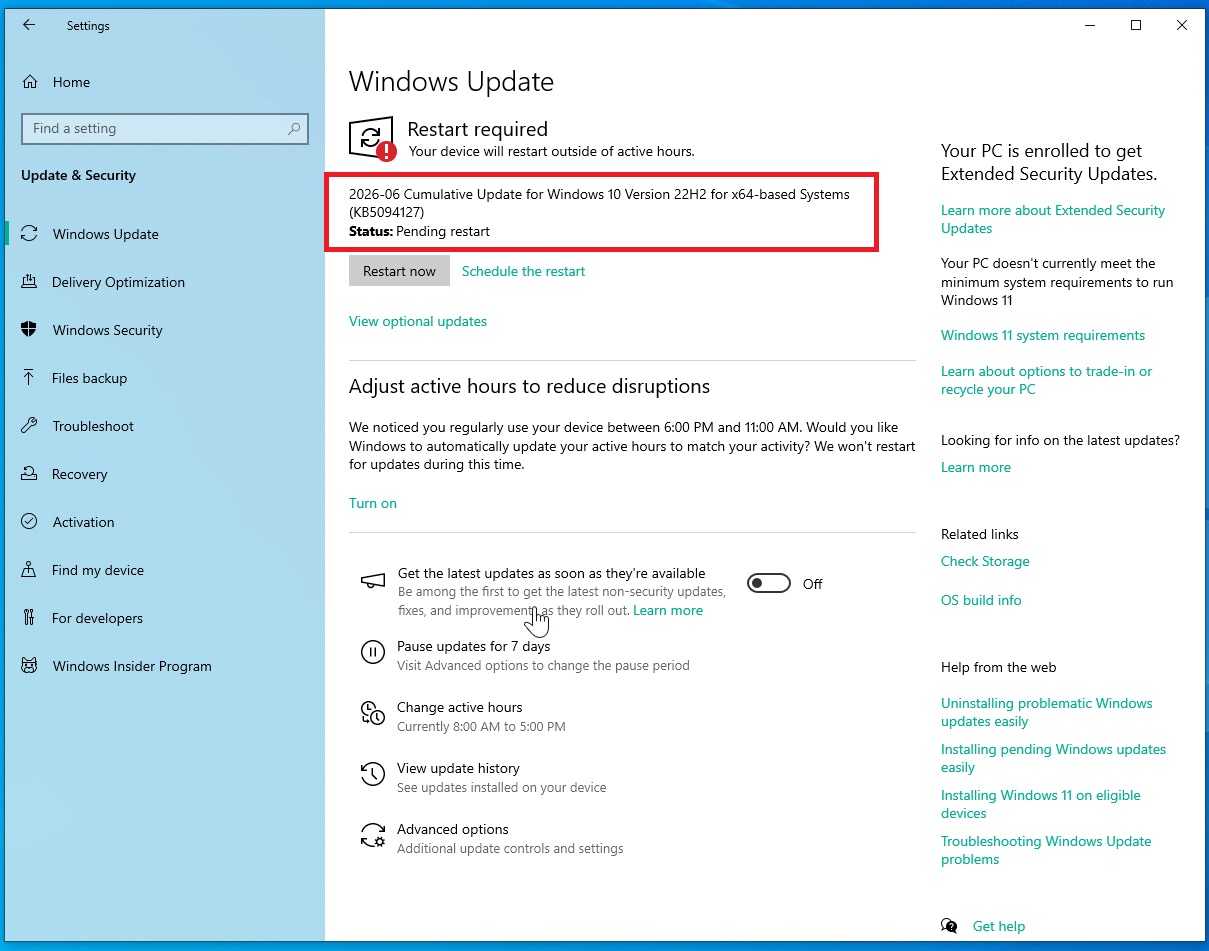 Bản cập nhật tích lũy 2026-06 cho Windows 10 phiên bản 22H2 dành cho hệ thống dựa trên x64 (KB5094127)