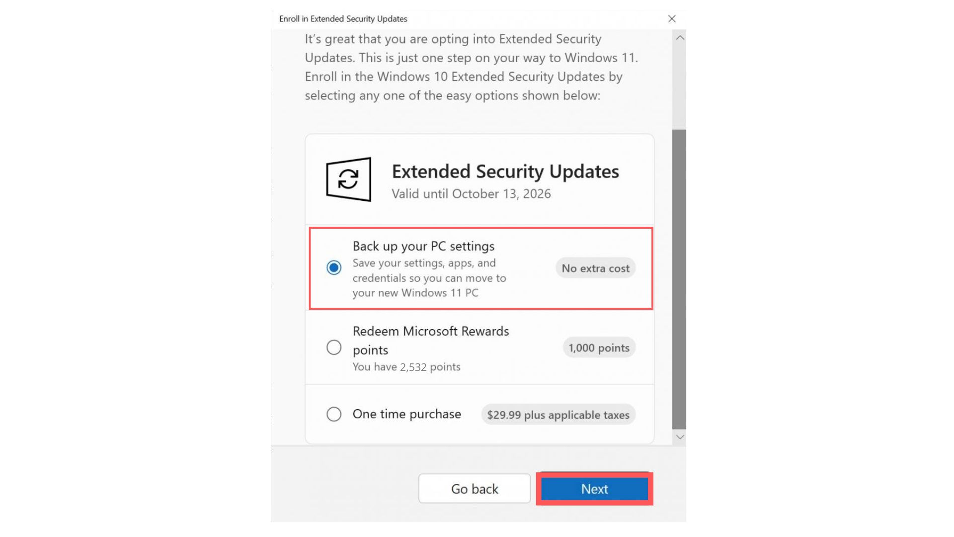 Sao lưu Cài đặt PC của bạn để đăng ký Windows 10 ESU