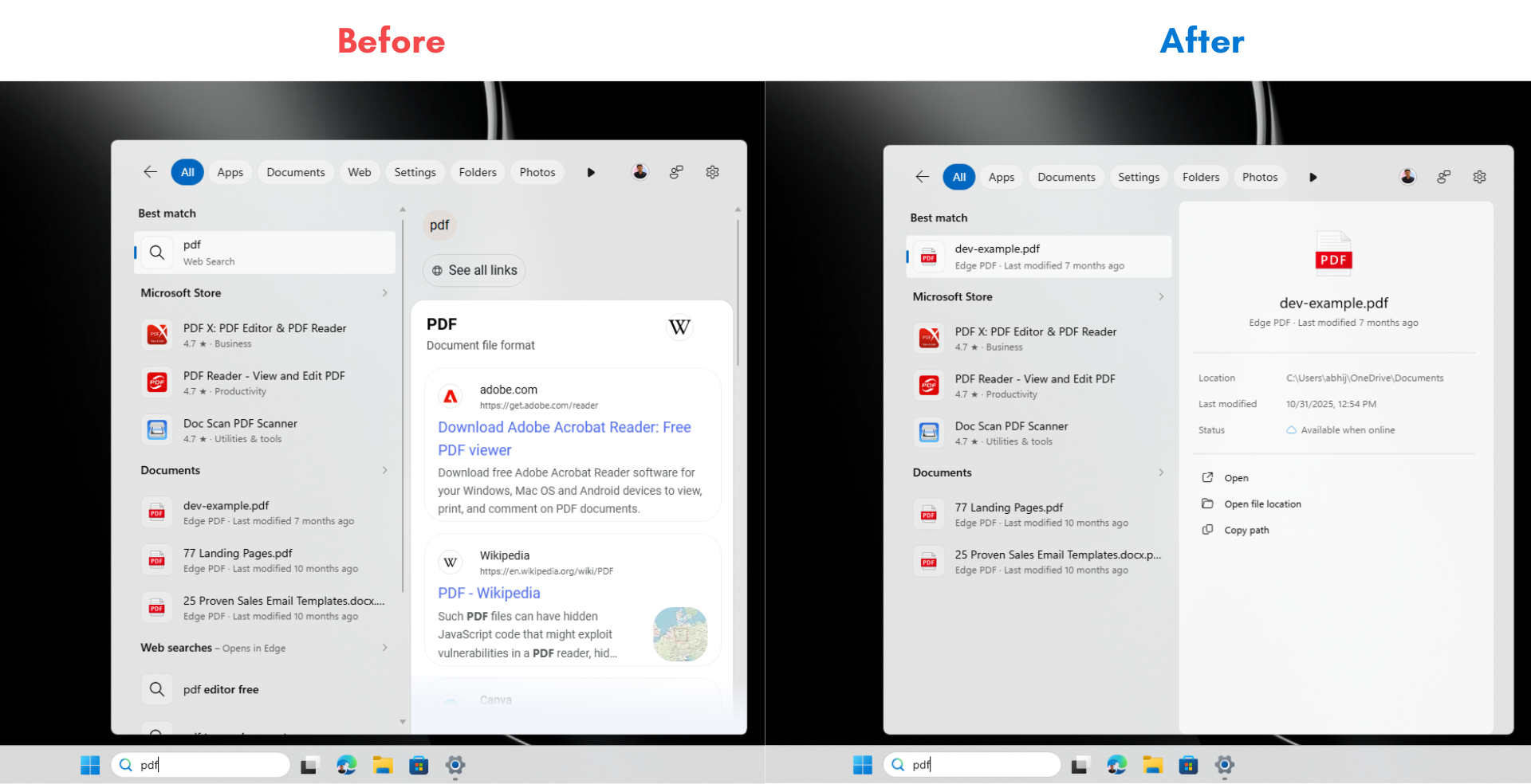Trước và sau khi tắt tìm kiếm trên web trong Windows Search