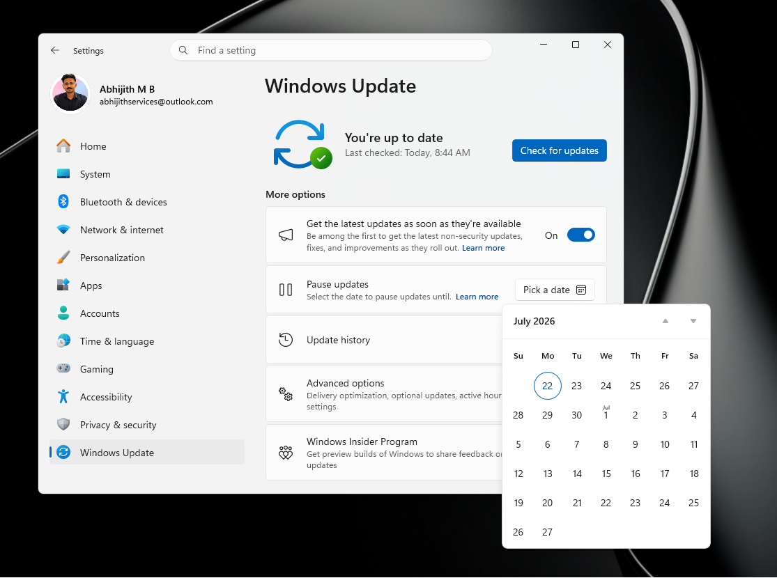 Lịch tạm dừng cập nhật trong Windows 11