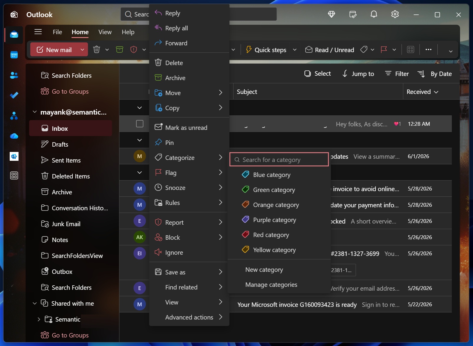 Phân loại trong Outlook Mới