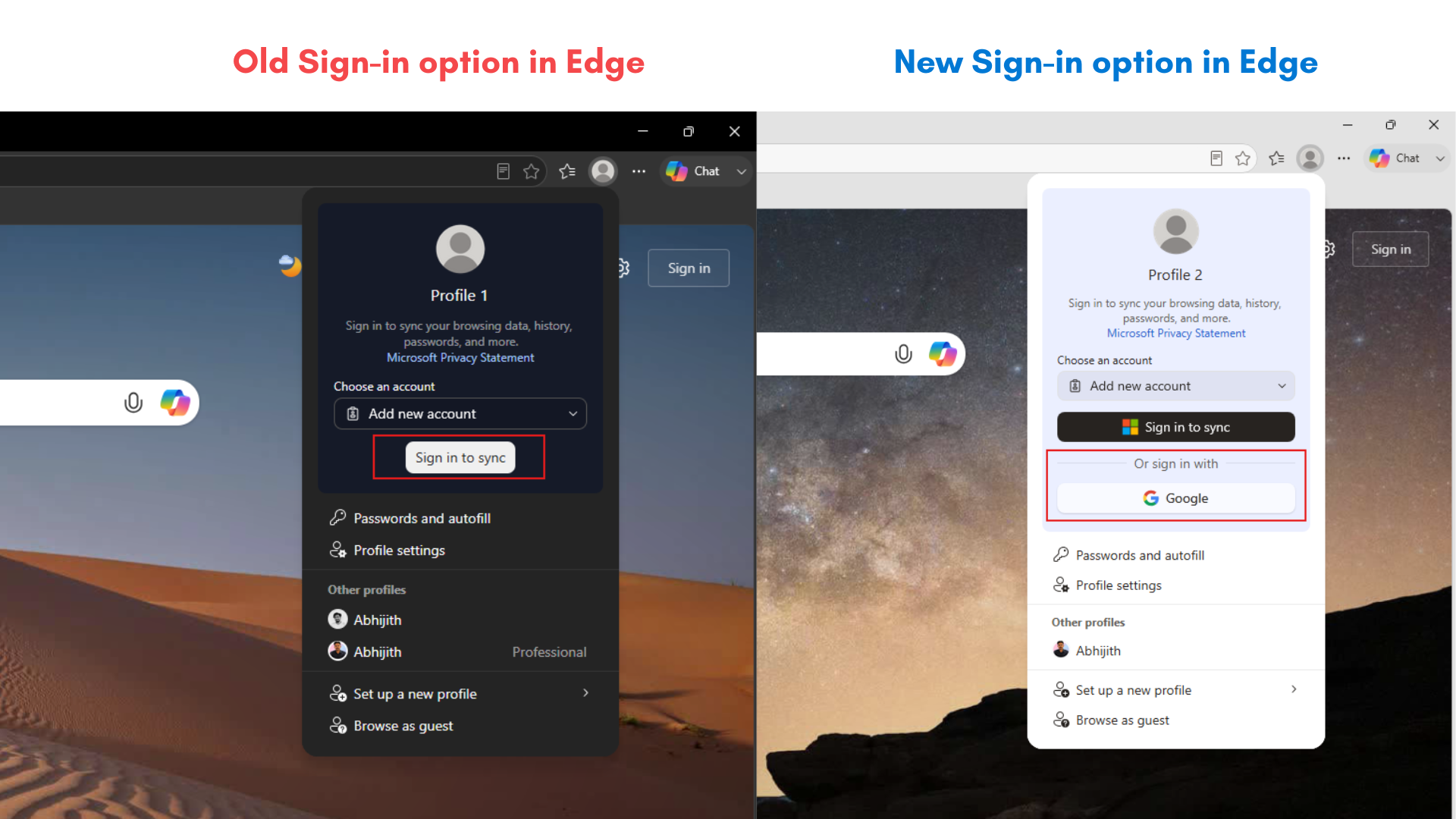 So sánh hiển thị menu Đăng nhập trong Edge với Google