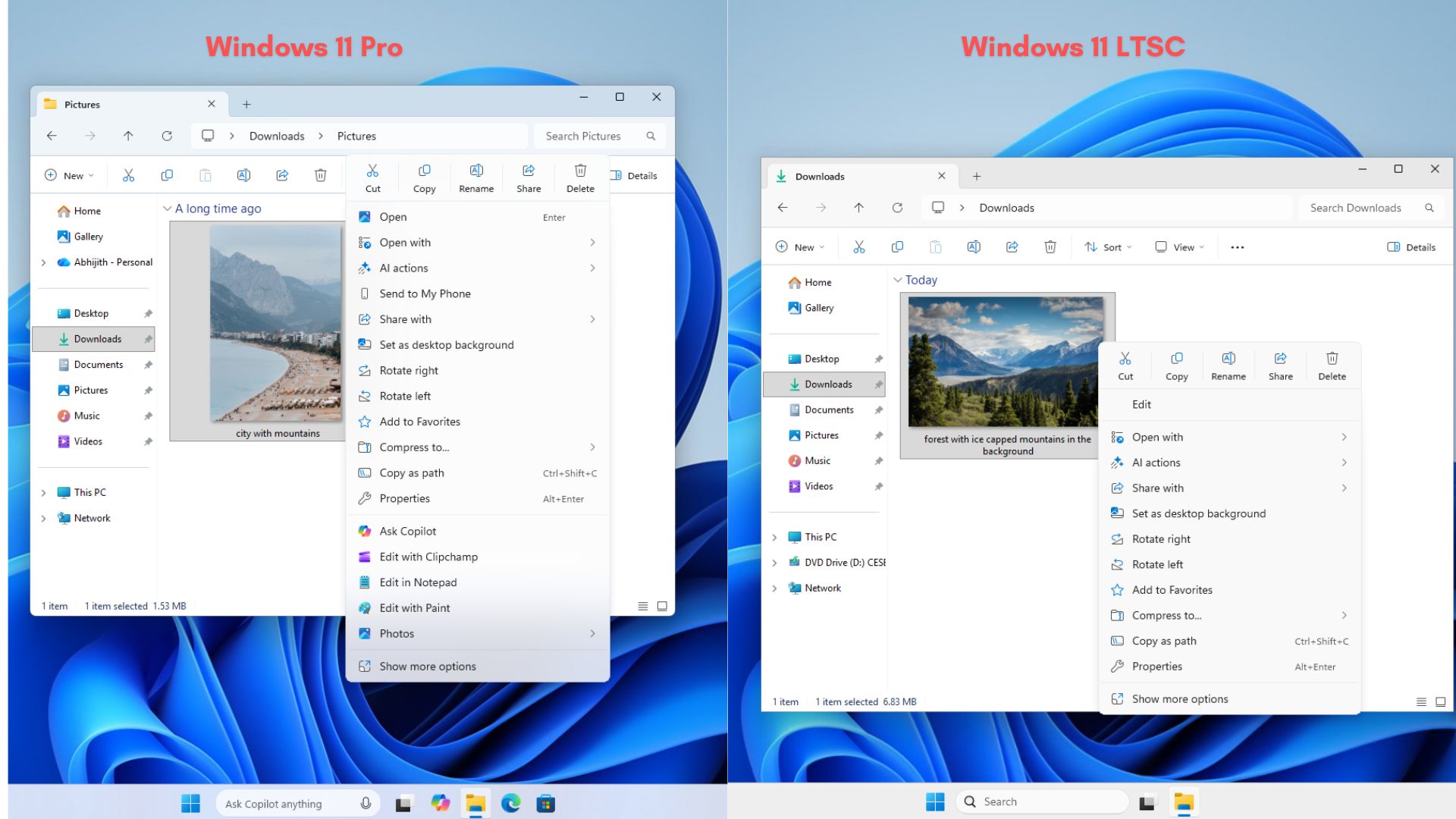 Menu ngữ cảnh File Explorer trong Windows 11 LTSC ngắn hơn đáng kể so với Pro