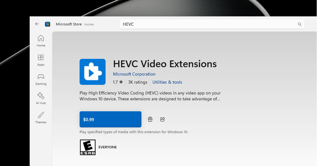 Tiện ích mở rộng video HEVC trong Microsoft Store