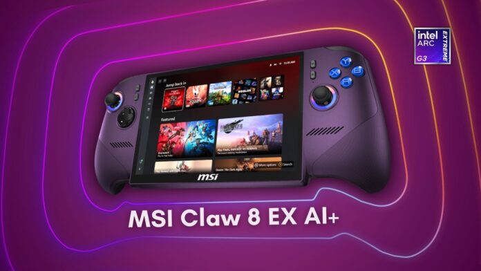 Thiết bị cầm tay chơi game MSI Claw 8 EX AI+ với bộ xử lý Intel Arc G3 Extreme chạy Windows 11 ở Chế độ Xbox