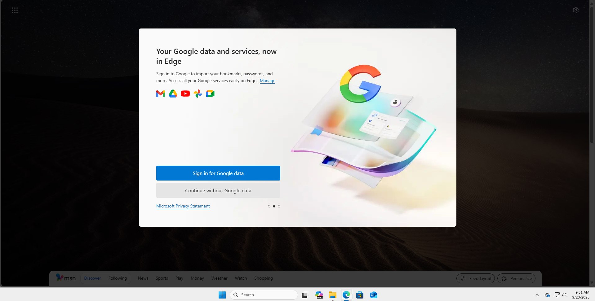 Microsoft Edge hiển thị tùy chọn nhập dữ liệu từ Google