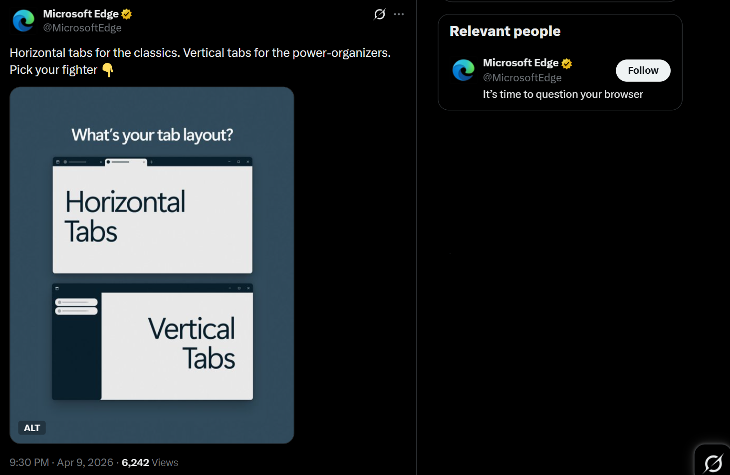Bài đăng X của Microsoft Edge về Tab dọc