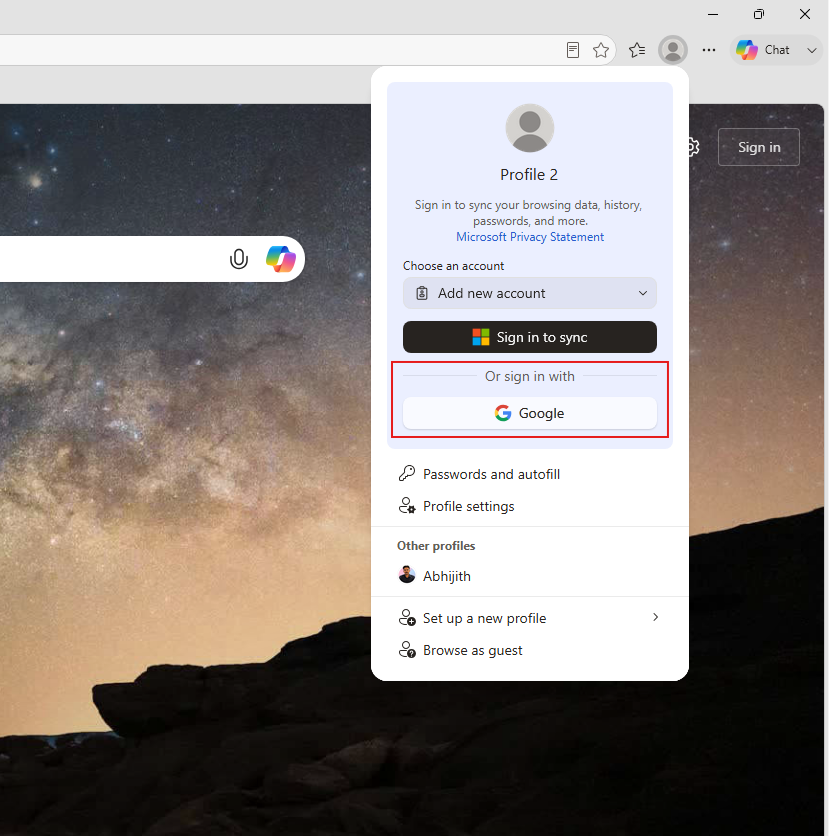 Tùy chọn đăng nhập Google mới trong Microsoft Edge