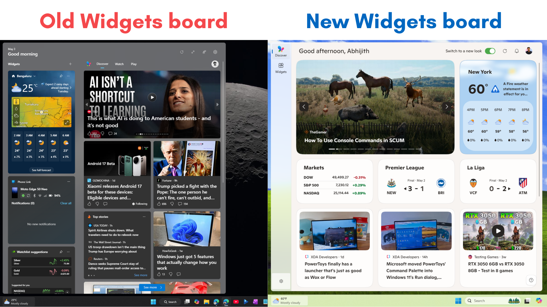 Bảng Widget cũ và bảng Widget mới