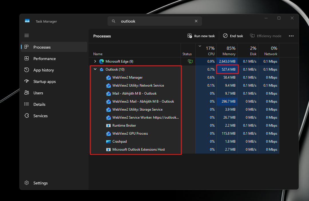 Mức sử dụng RAM của Outlook với các tiến trình đang mở