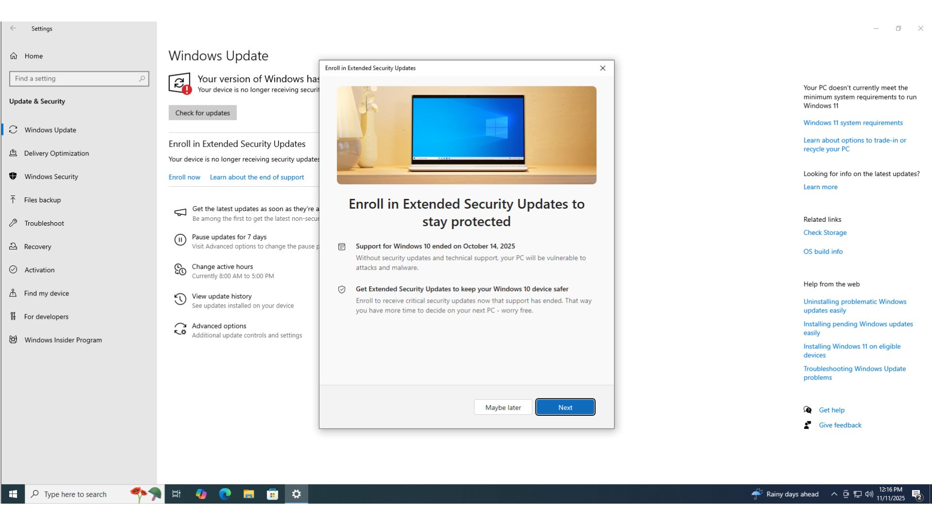Cửa sổ bật lên hiển thị lý do người dùng nên Đăng ký Windows 10 ESU