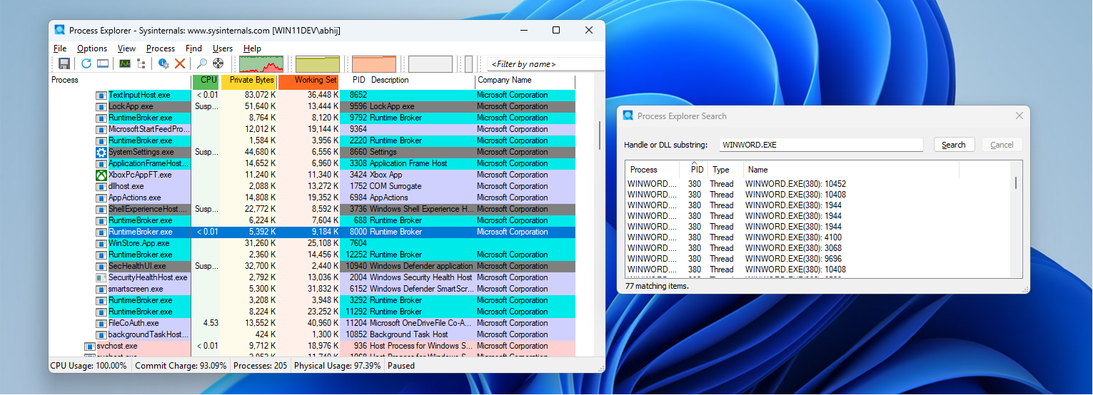 Process Explorer hiển thị Xử lý
