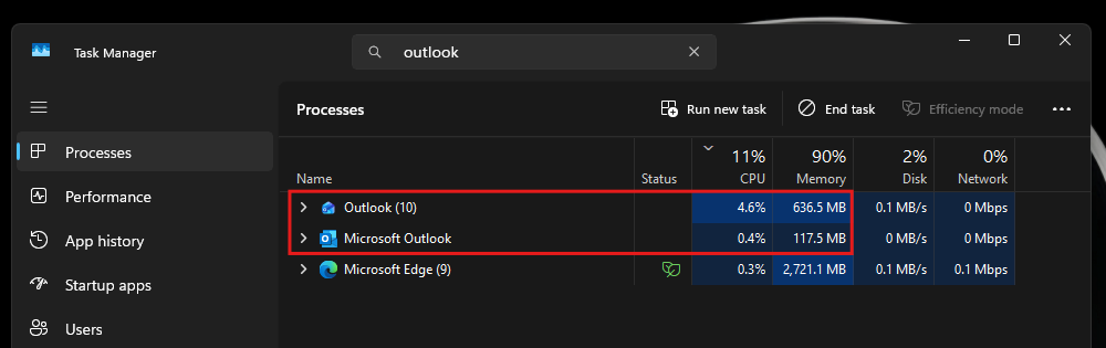 Sự khác biệt về mức sử dụng RAM và CPU giữa Outlook và Outlook Classic