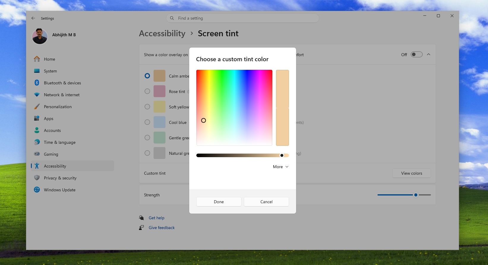 Màu tùy chỉnh Screen Tint trong Windows 11