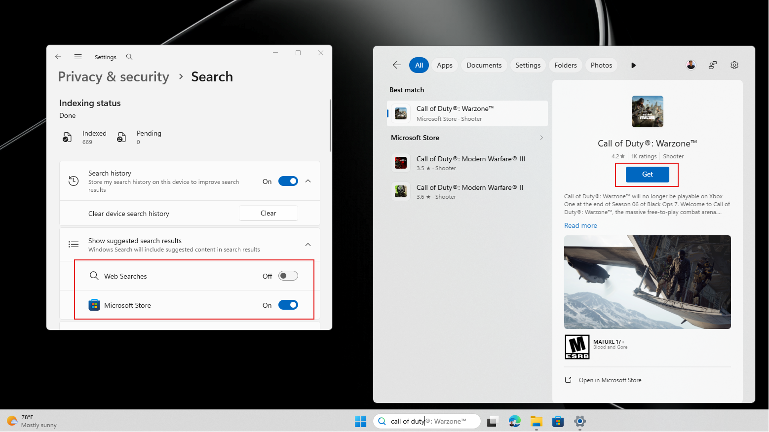 Tìm kiếm Call of Duty khi tắt Tìm kiếm trên web và bật tìm kiếm trên Microsoft Store