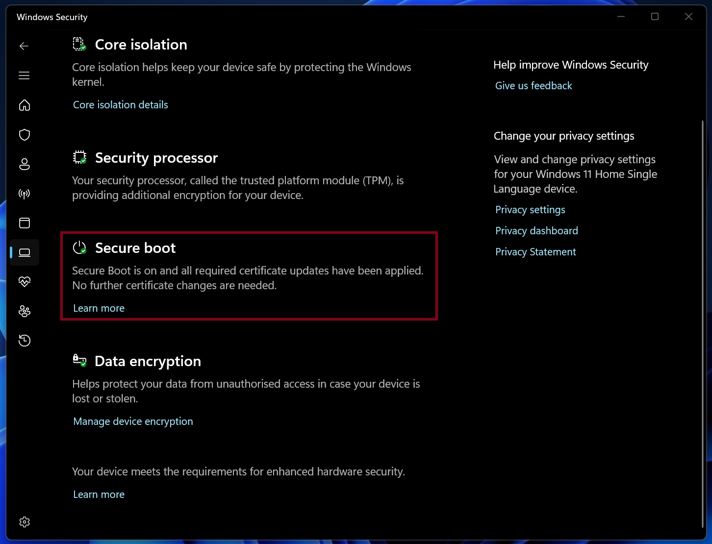 Trạng thái chứng chỉ Khởi động an toàn trong ứng dụng Bảo mật Windows cho Windows 11