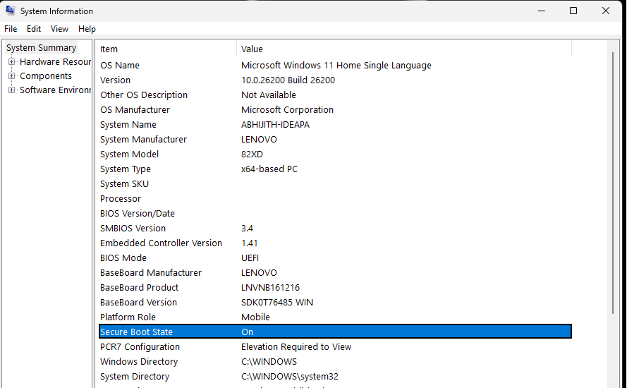 Thông tin hệ thống hiển thị Secure Boot đang hoạt động