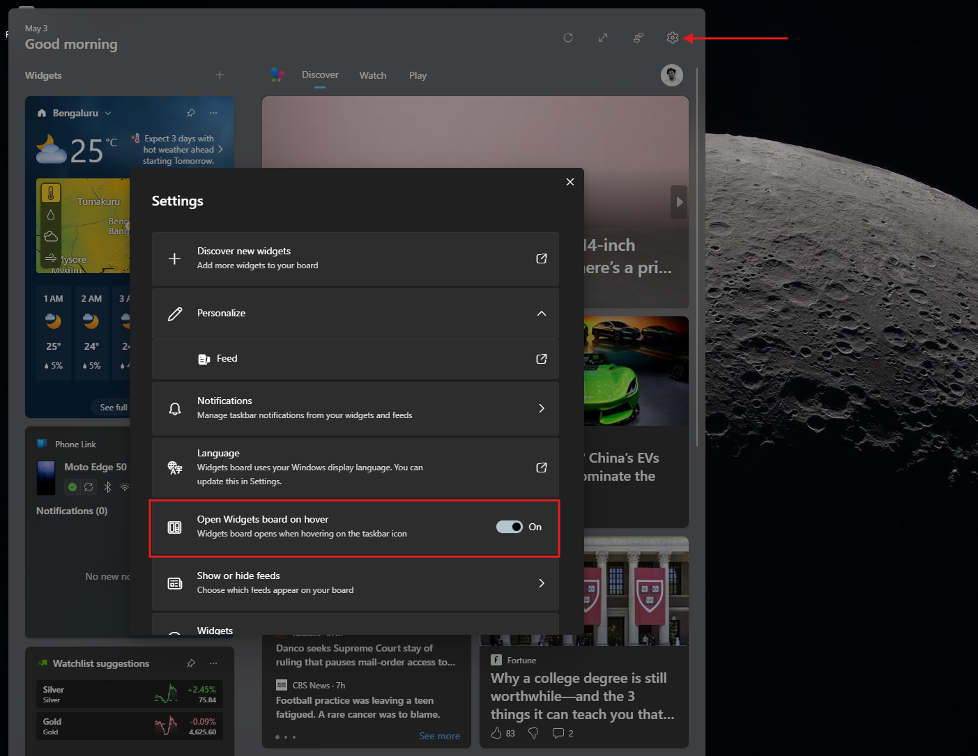 Tắt bảng Open Widget khi di chuột
