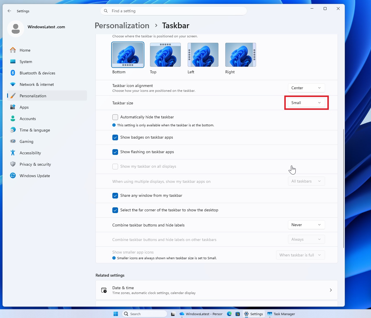 Tính năng kích thước thanh tác vụ Windows 11