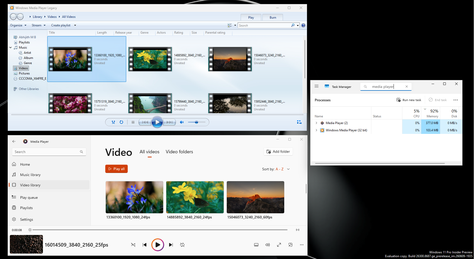 Mức sử dụng RAM của Windows Media Player khi so sánh với Legacy