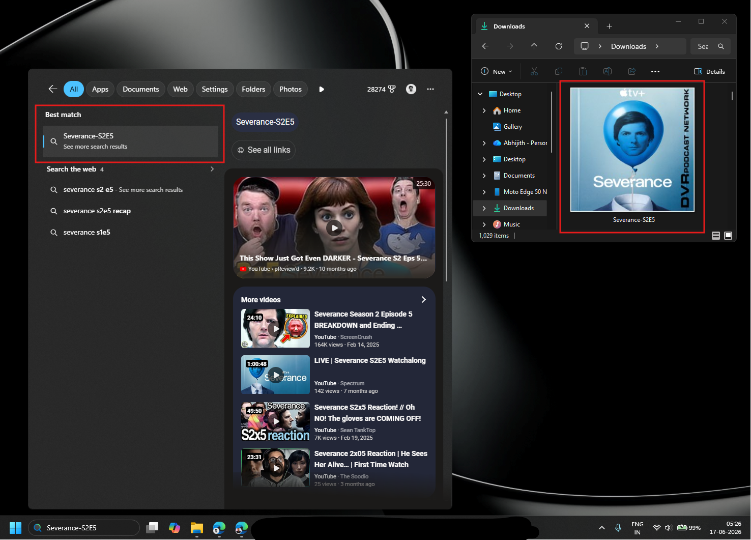 Windows Search hiển thị kết quả web cho một tệp đã tồn tại
